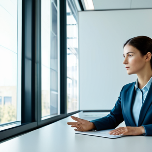 Home 4 A professional businesswoman in a sleek, modest business suit, seated at a modern desk in a minimalist, high-tech office. She is attentively interacting with a luminous holographic data display, showcasing complex, abstract information related to future competencies. The office features clean lines, muted colors, and large windows with a soft, natural light, emphasizing a forward-thinking and innovative environment. Her posture is natural, and her expression is one of deep concentration and intellect. fully clothed, modest clothing, appropriate attire, professional dress, safe for work, appropriate content, professional, perfect anatomy, correct proportions, natural pose, well-formed hands, proper finger count, natural body proportions, high-quality, professional photography, cinematic lighting.
