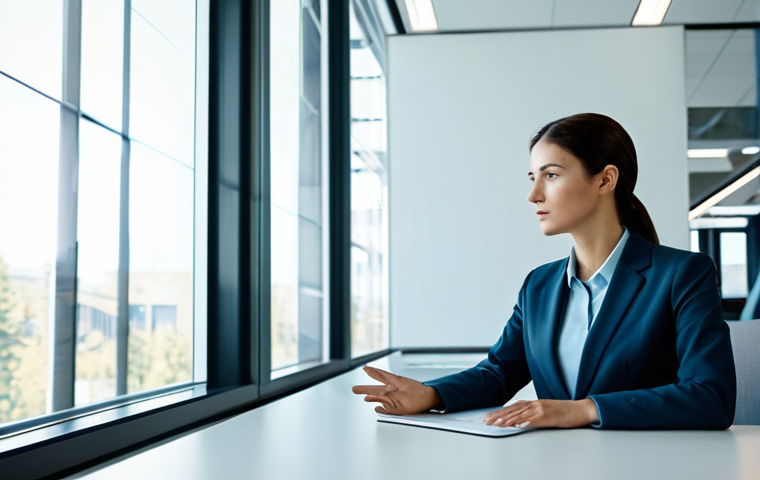 A professional businesswoman in a sleek, modest business suit, seated at a modern desk in a minimalist, high-tech office. She is attentively interacting with a luminous holographic data display, showcasing complex, abstract information related to future competencies. The office features clean lines, muted colors, and large windows with a soft, natural light, emphasizing a forward-thinking and innovative environment. Her posture is natural, and her expression is one of deep concentration and intellect. fully clothed, modest clothing, appropriate attire, professional dress, safe for work, appropriate content, professional, perfect anatomy, correct proportions, natural pose, well-formed hands, proper finger count, natural body proportions, high-quality, professional photography, cinematic lighting.