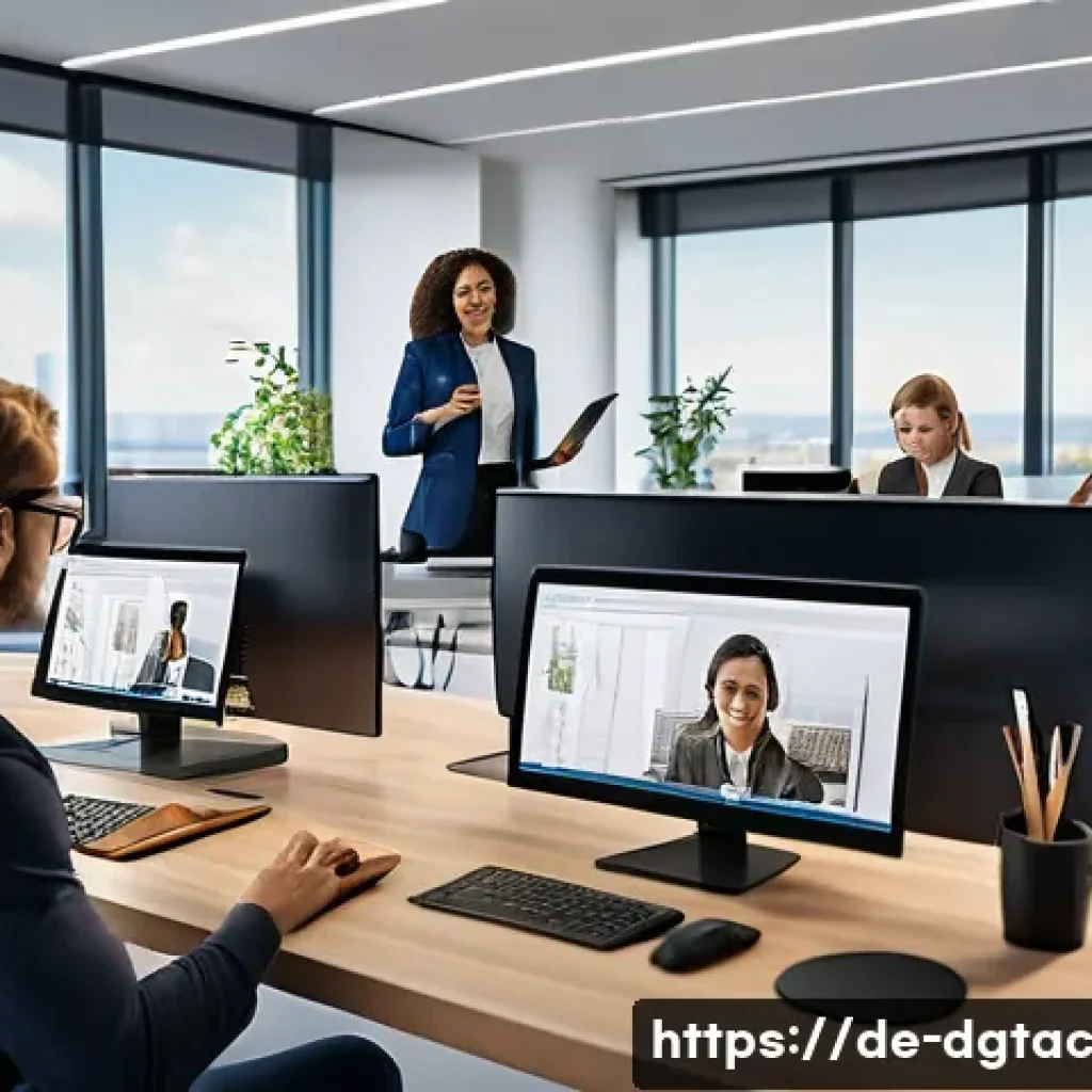 디지털 직업의 미래와 전문성의 진화 - A modern office scene showing a diverse group of professionals engaged in a hybrid work setting: som...
