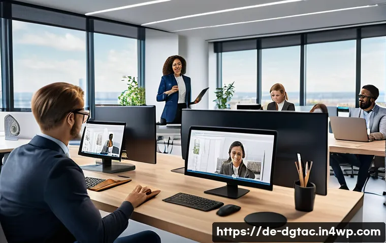 디지털 직업의 미래와 전문성의 진화 - A modern office scene showing a diverse group of professionals engaged in a hybrid work setting: som...