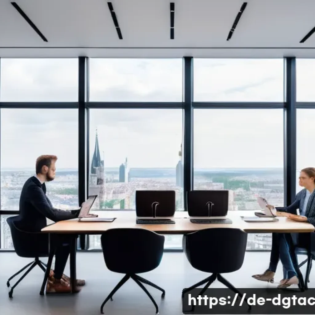 AI 시대의 전문성 변화 양상 - A modern office scene in a German tech company, featuring diverse professionals collaborating around...