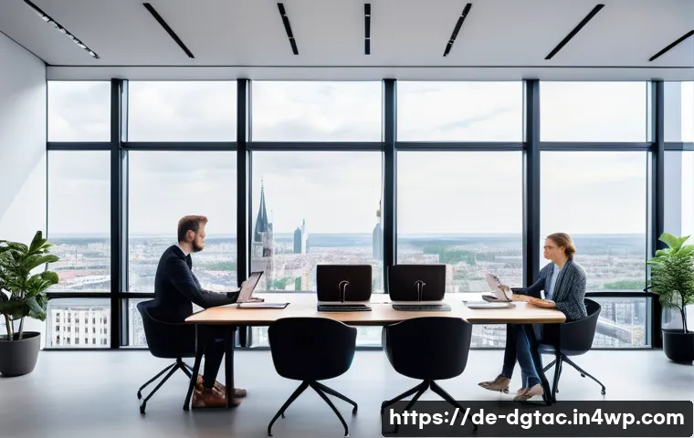 AI 시대의 전문성 변화 양상 - A modern office scene in a German tech company, featuring diverse professionals collaborating around...