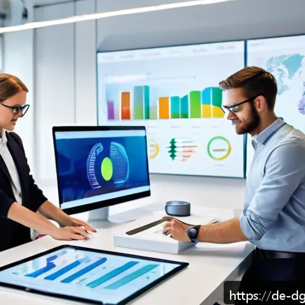 전문성 재정의의 역사적 배경 - A modern office scene in Germany showing a diverse team of professionals collaborating around a digi...