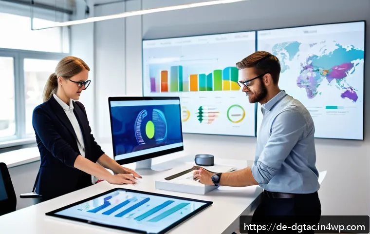 전문성 재정의의 역사적 배경 - A modern office scene in Germany showing a diverse team of professionals collaborating around a digi...