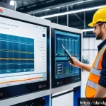 Home 21 디지털 전환에 성공한 기업 사례 - A modern industrial production hall in Germany featuring smart IoT sensors installed on advanced mac...
