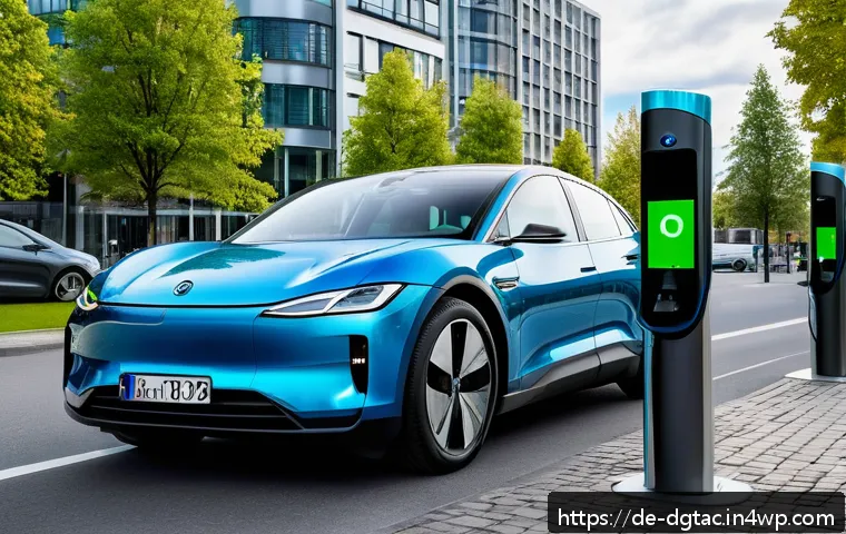 디지털 혁신이 필요한 산업과 분야 - A futuristic electric car charging at a sleek urban charging station in Germany, surrounded by moder...