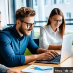 Home 18 전문성 재정의와 개인 발전의 관계 - A modern German office scene showing a diverse team of professionals engaging in a flexible work env...