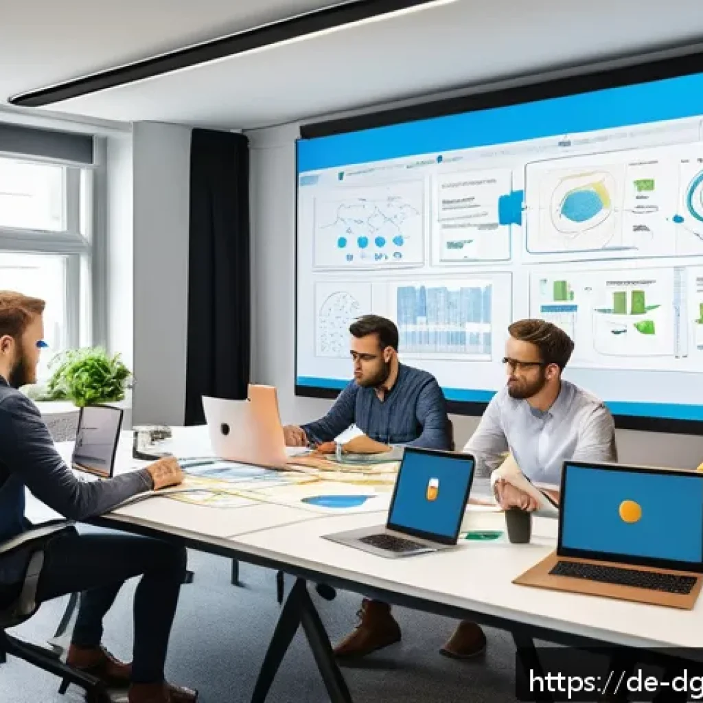 디지털 전문성을 위한 자격증 추천 - A modern office scene showing a diverse group of young German IT professionals collaborating around ...