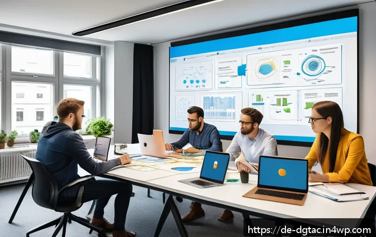 디지털 전문성을 위한 자격증 추천 - A modern office scene showing a diverse group of young German IT professionals collaborating around ...