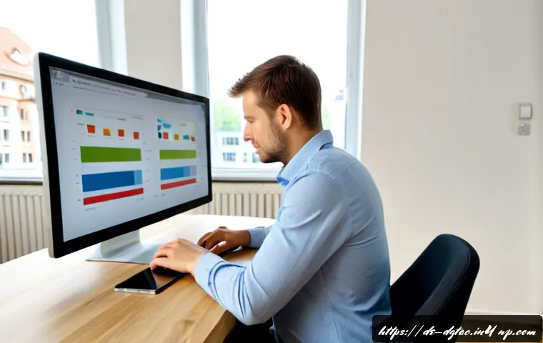 디지털 전문성을 갖춘 인재의 특징 - Photorealistic modern German workplace, confident digital specialist in smart casual clothing analyz...